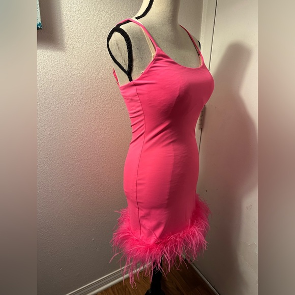 White Fox Boutique Hot Pink Feather Hem Mini Dress - Picture 2 of 10